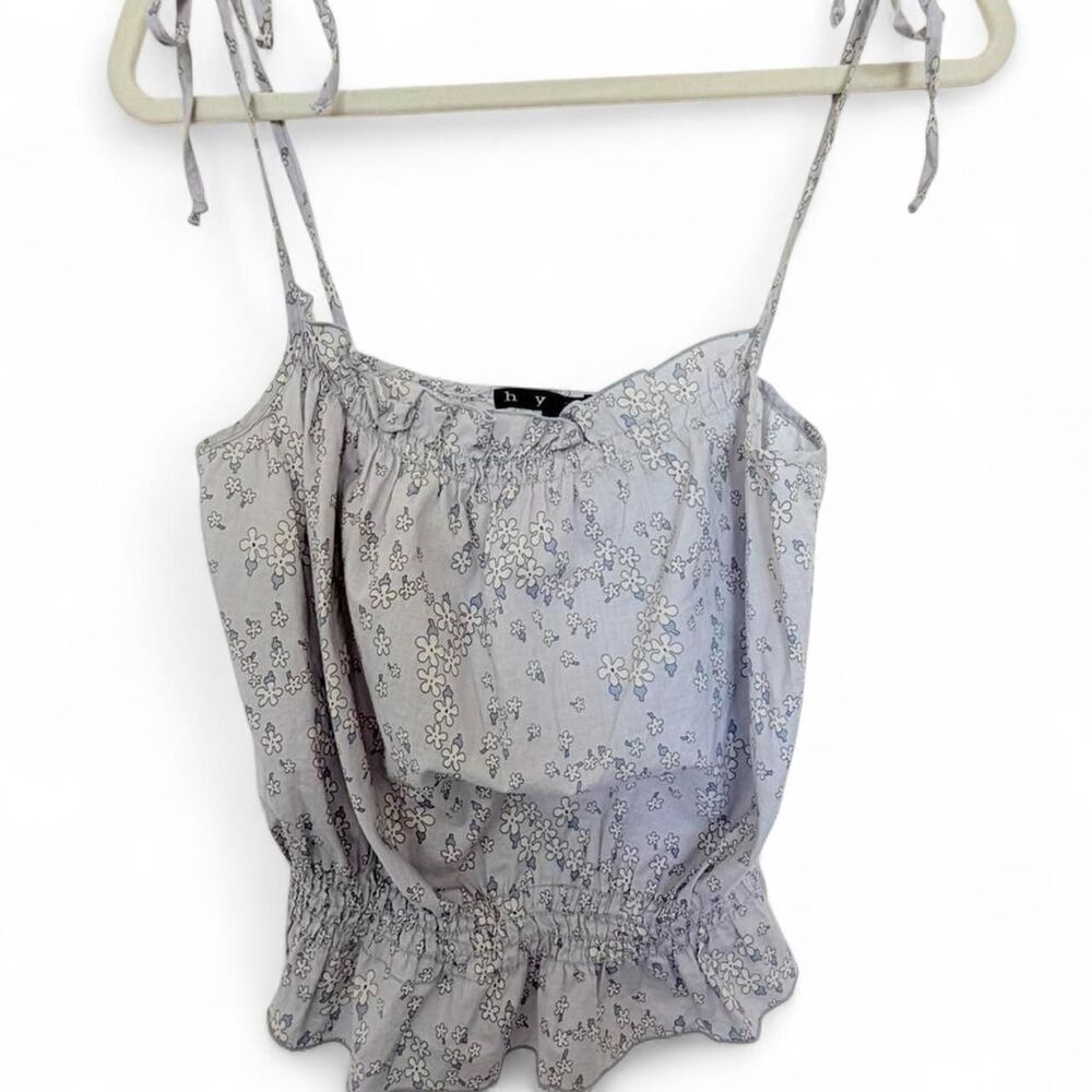 Hype Light Baby Blue Floral Smocked Tie-Strap Crop Top Size Large